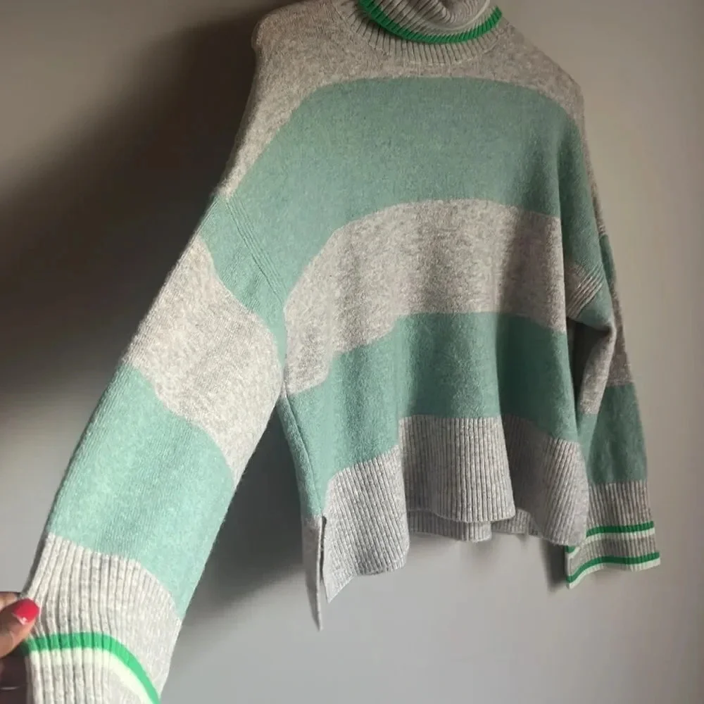 NWT J. Crew Striped Turtleneck Sweater Supersoft Yarn Gray/Blue